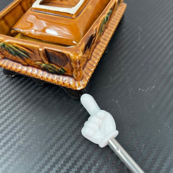 1960s MCM Ceramic Bamboo Style Ashtray Set of 3 with holder Lidded Made in Japan - Picture 9 of 16